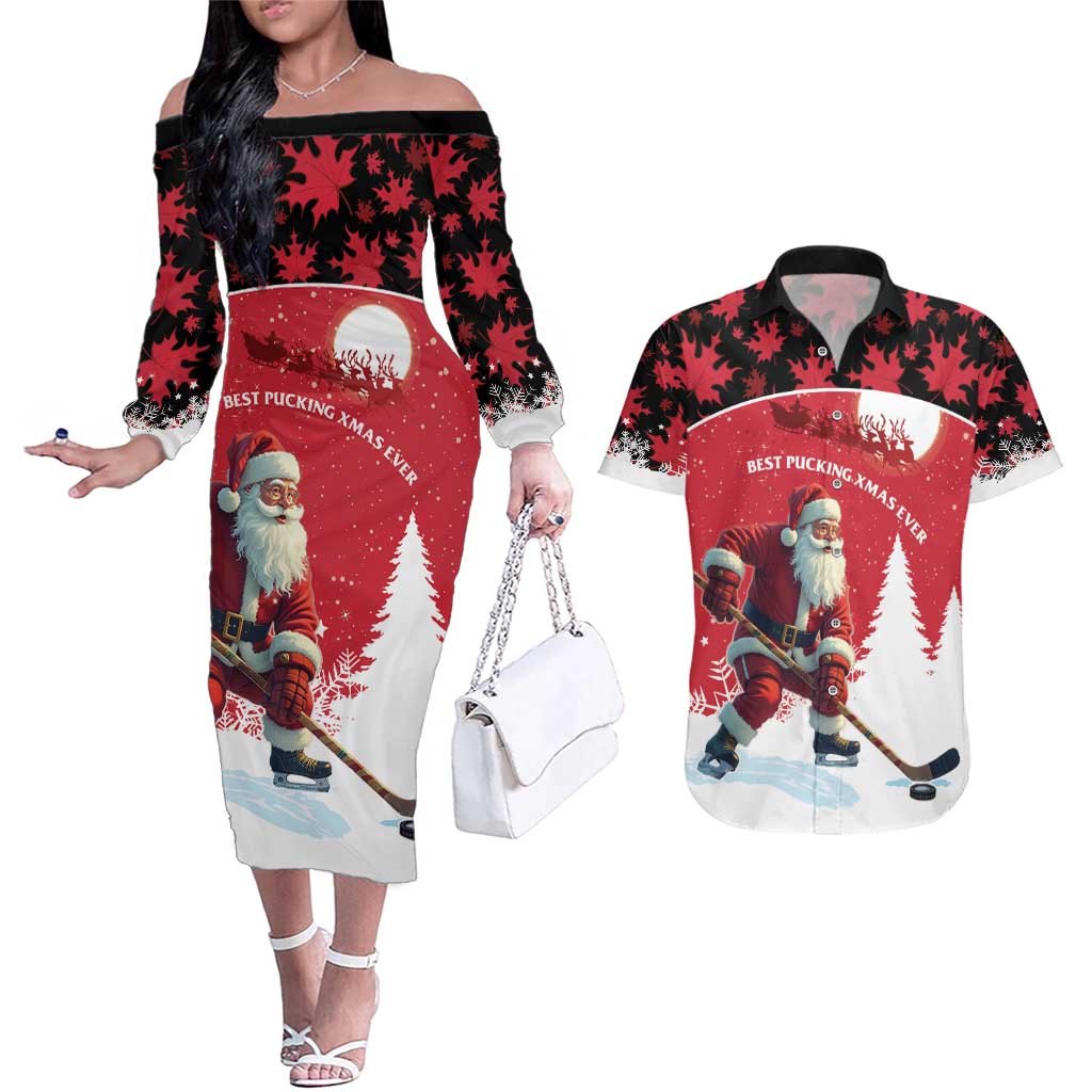 Personalized Canada Christmas Couples Matching Off The Shoulder Long Sleeve Dress and Hawaiian Shirt Santa Claus Hockey Player - Maple Leaves Pattern - Wonder Print Shop