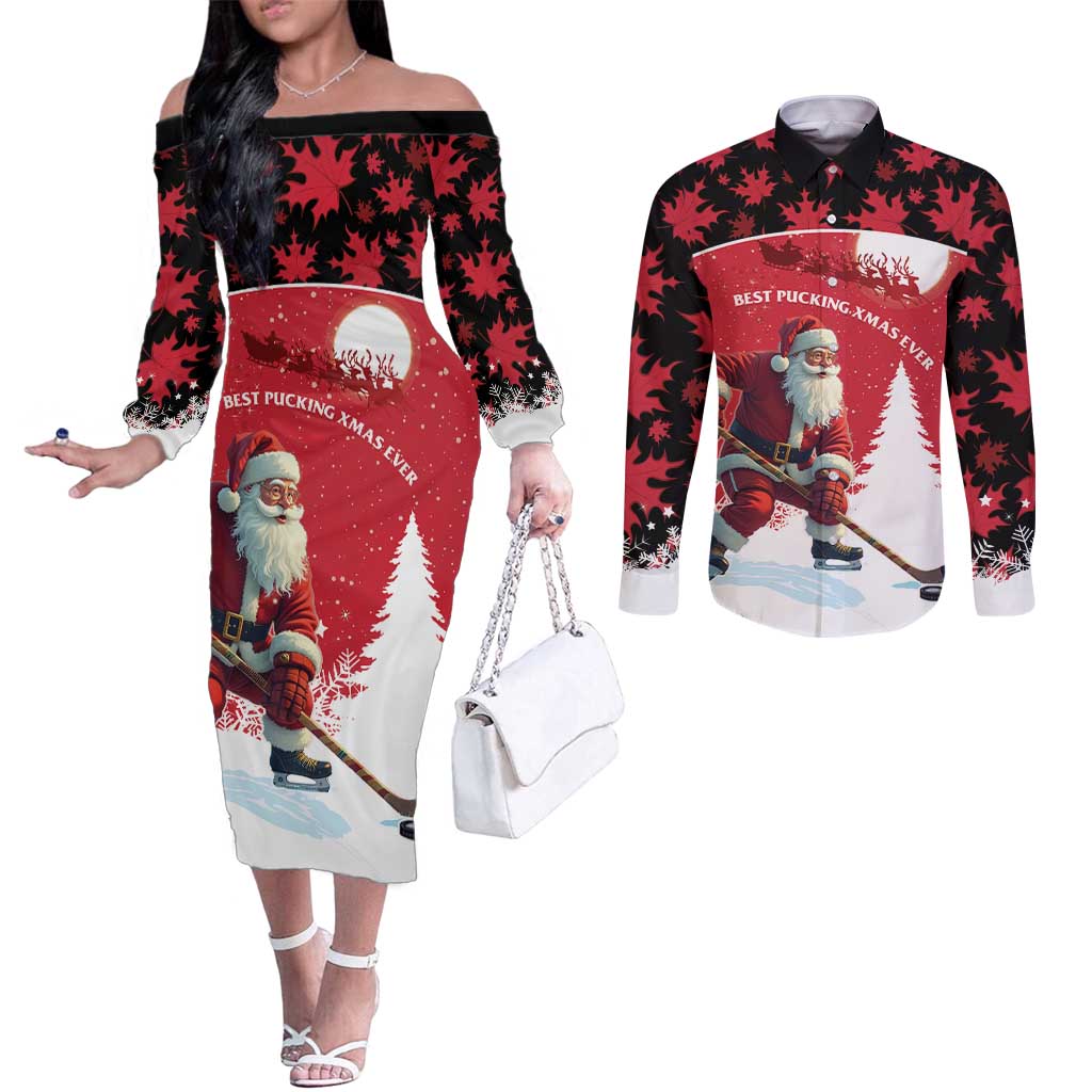 Personalized Canada Christmas Couples Matching Off The Shoulder Long Sleeve Dress and Long Sleeve Button Shirt Santa Claus Hockey Player - Maple Leaves Pattern