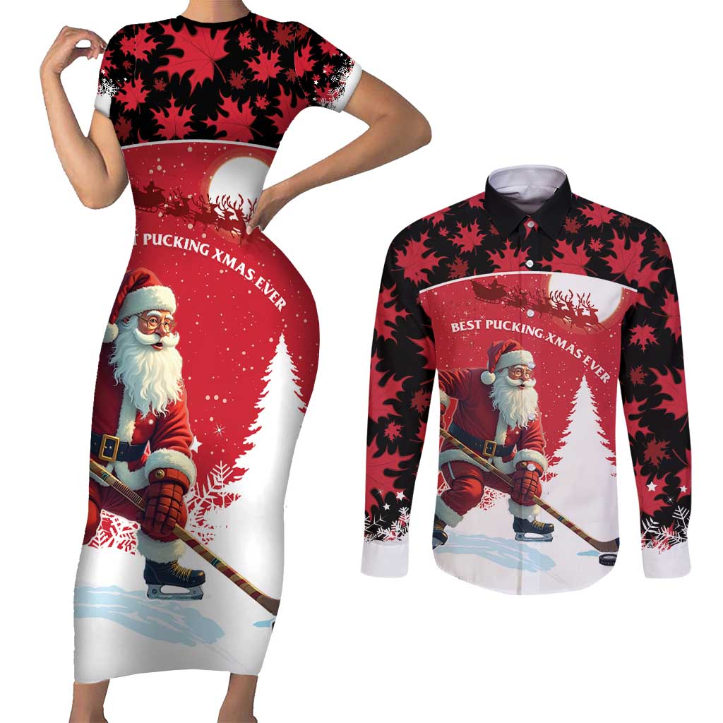 Personalized Canada Christmas Couples Matching Short Sleeve Bodycon Dress and Long Sleeve Button Shirt Santa Claus Hockey Player - Maple Leaves Pattern - Wonder Print Shop