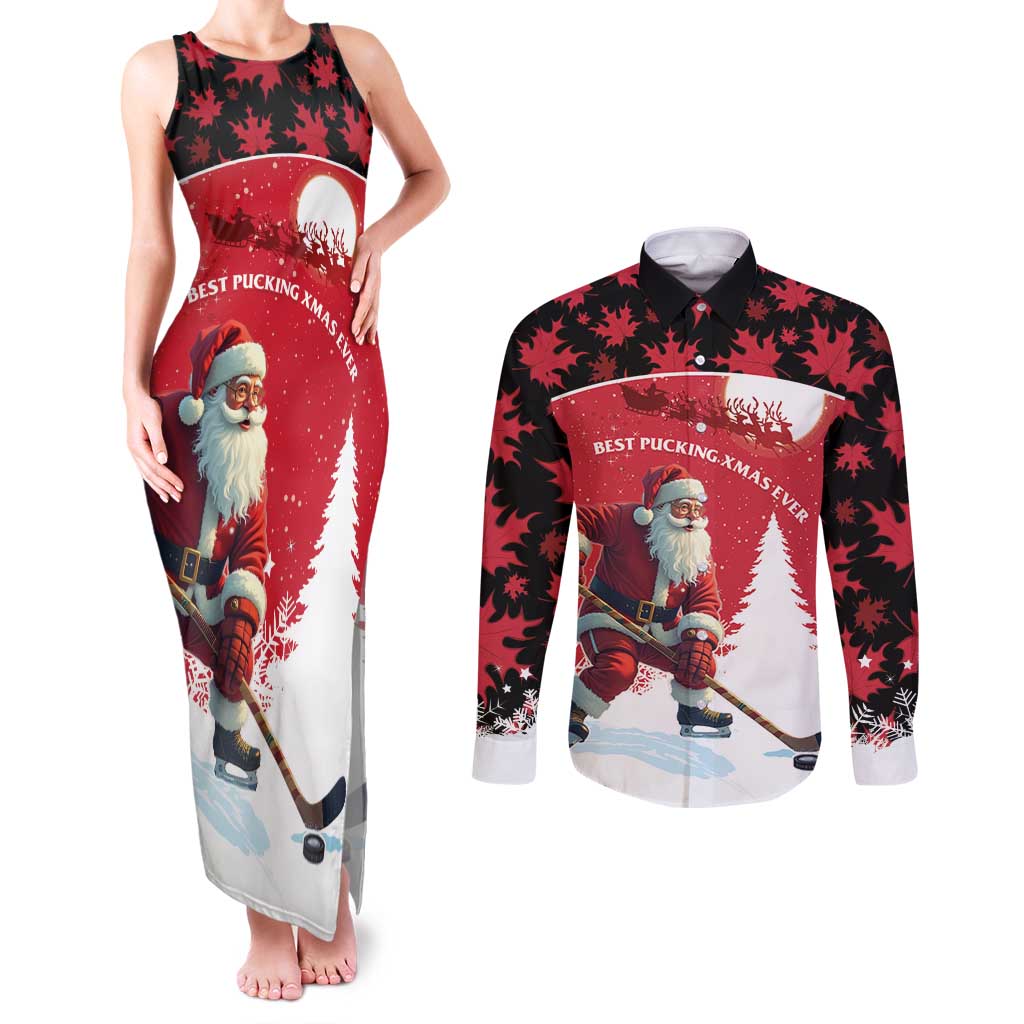 Personalized Canada Christmas Couples Matching Tank Maxi Dress and Long Sleeve Button Shirt Santa Claus Hockey Player - Maple Leaves Pattern - Wonder Print Shop