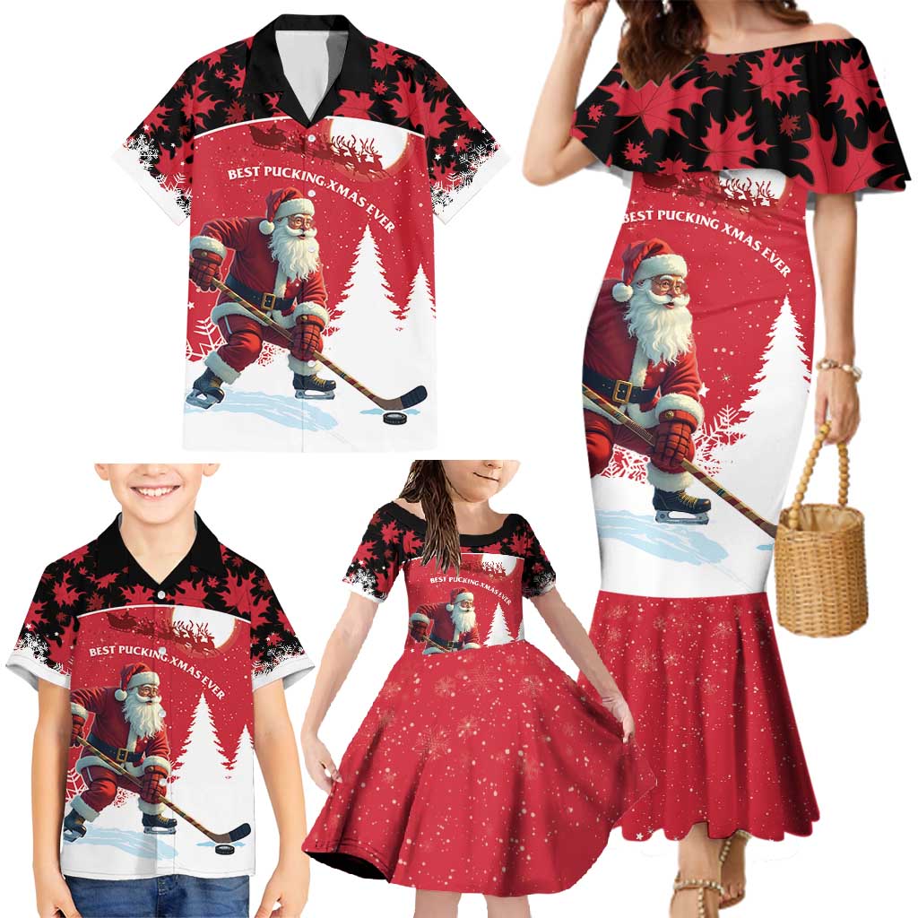 Personalized Canada Christmas Family Matching Mermaid Dress and Hawaiian Shirt Santa Claus Hockey Player - Maple Leaves Pattern - Wonder Print Shop