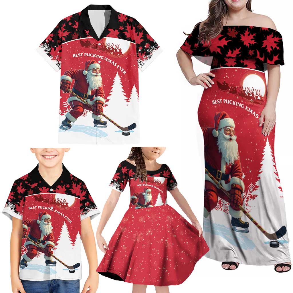 Personalized Canada Christmas Family Matching Off Shoulder Maxi Dress and Hawaiian Shirt Santa Claus Hockey Player - Maple Leaves Pattern - Wonder Print Shop