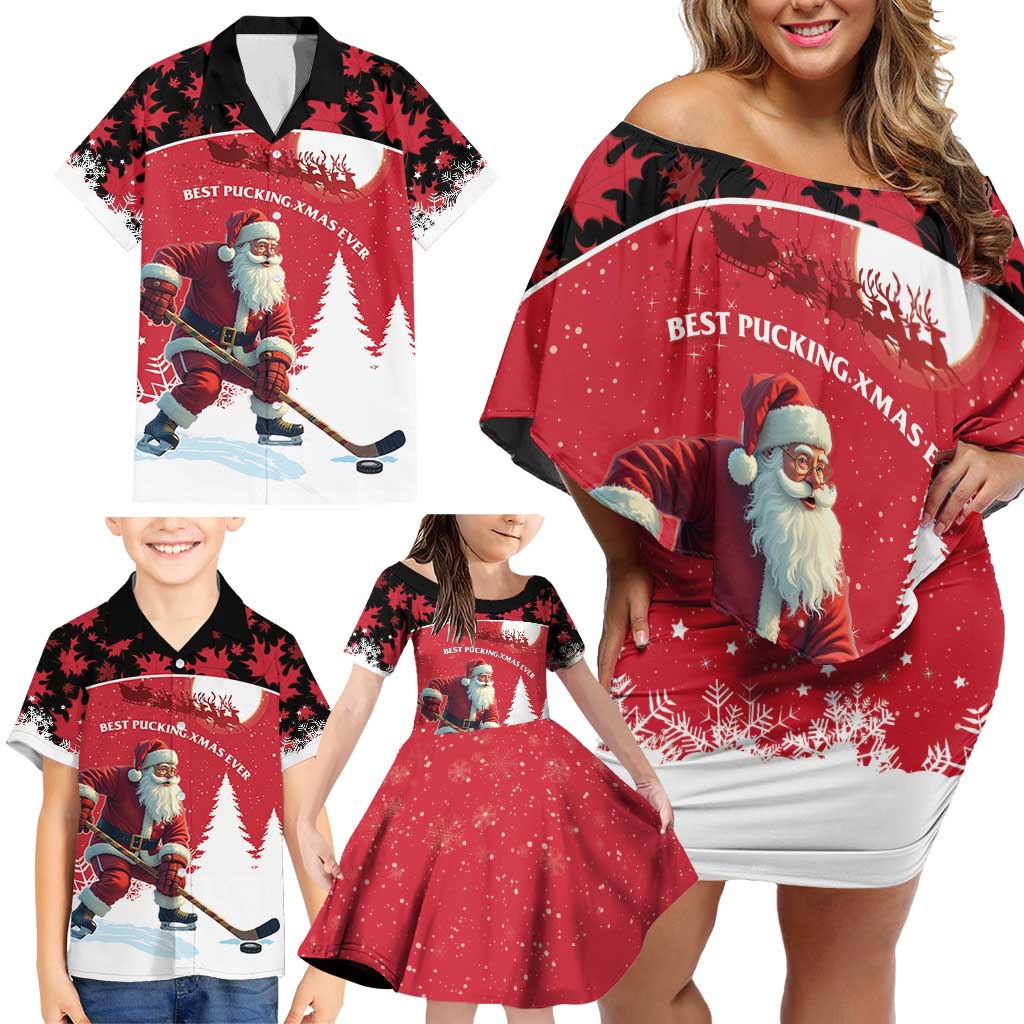 Personalized Canada Christmas Family Matching Off Shoulder Short Dress and Hawaiian Shirt Santa Claus Hockey Player - Maple Leaves Pattern - Wonder Print Shop