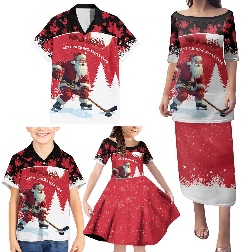 Personalized Canada Christmas Family Matching Puletasi and Hawaiian Shirt Santa Claus Hockey Player - Maple Leaves Pattern - Wonder Print Shop