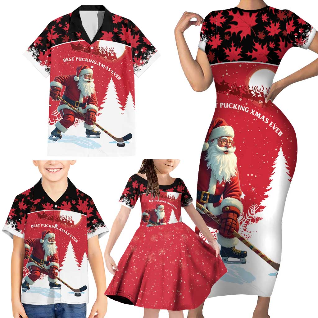 Personalized Canada Christmas Family Matching Short Sleeve Bodycon Dress and Hawaiian Shirt Santa Claus Hockey Player - Maple Leaves Pattern - Wonder Print Shop