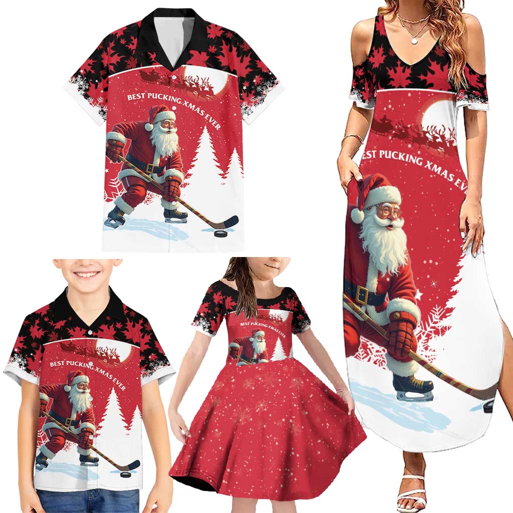 Personalized Canada Christmas Family Matching Summer Maxi Dress and Hawaiian Shirt Santa Claus Hockey Player - Maple Leaves Pattern - Wonder Print Shop