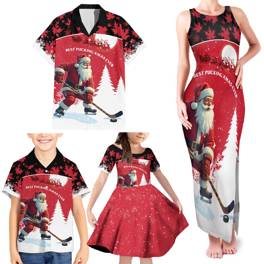 Personalized Canada Christmas Family Matching Tank Maxi Dress and Hawaiian Shirt Santa Claus Hockey Player - Maple Leaves Pattern - Wonder Print Shop