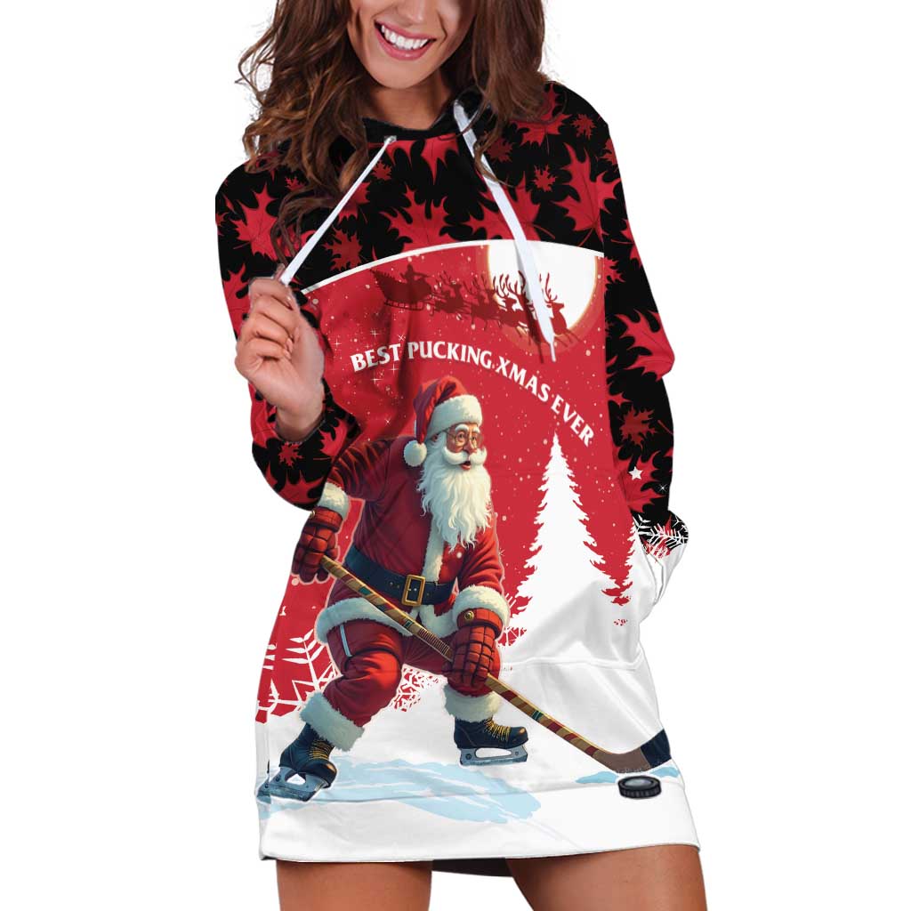 Personalized Canada Christmas Hoodie Dress Santa Claus Hockey Player - Maple Leaves Pattern