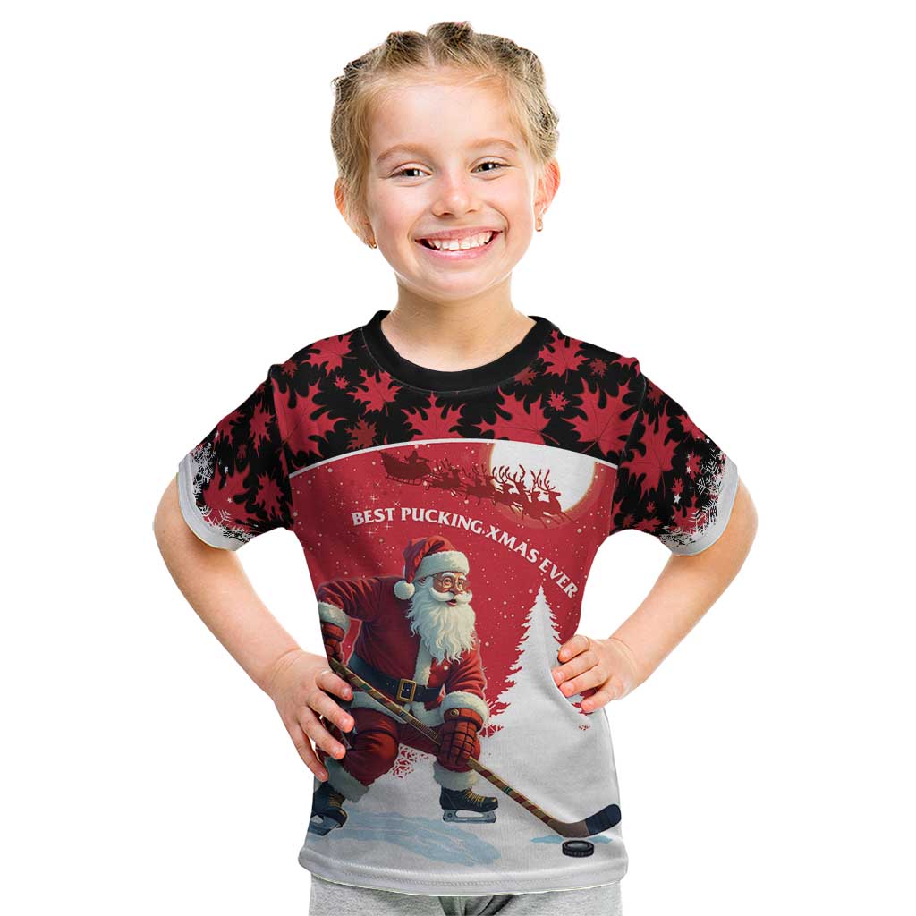 Personalized Canada Christmas Kid T Shirt Santa Claus Hockey Player - Maple Leaves Pattern - Wonder Print Shop