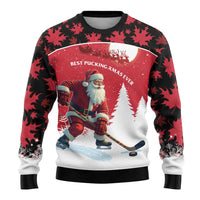 Red and black ugly Christmas sweater with Santa hockey player and 'Best Pucking Xmas Ever'
