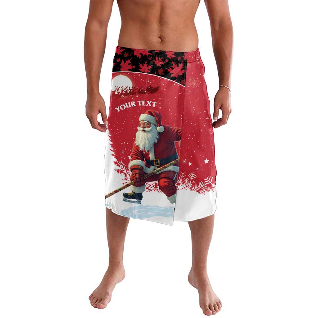 Red personalized Christmas lavalava with Santa hockey player and maple leaf pattern
