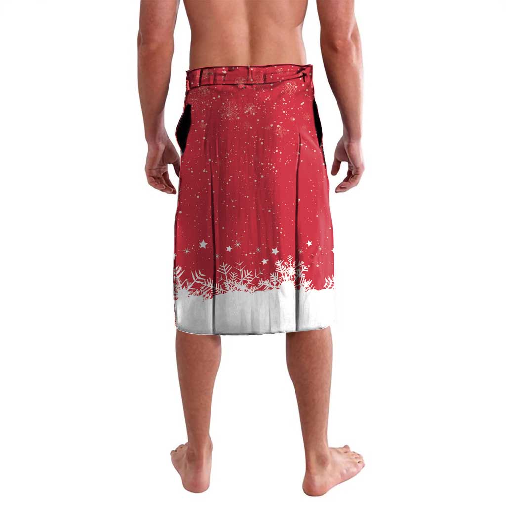Red Christmas lavalava sarong with speckled snowflake print and white hem panel