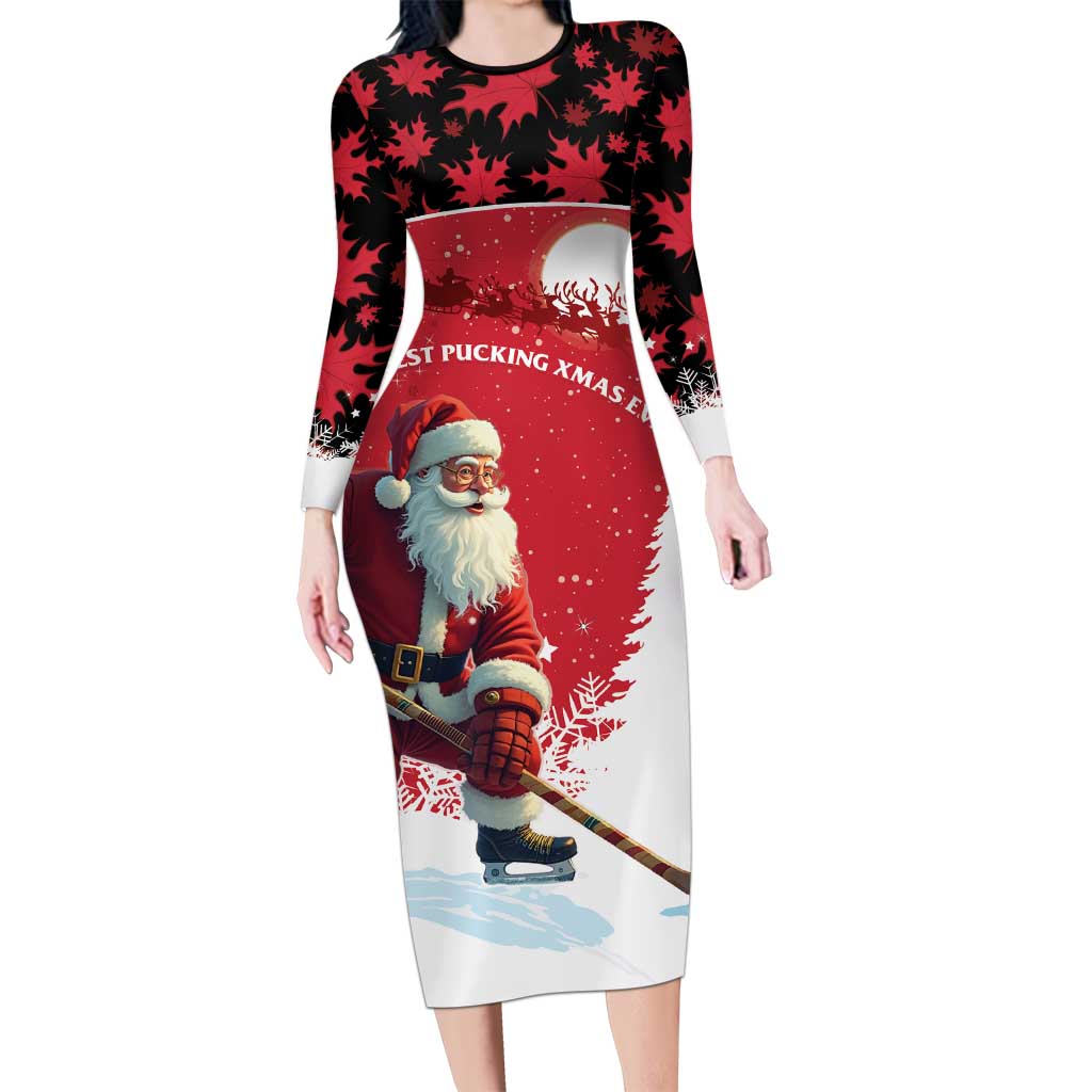 Personalized Canada Christmas Long Sleeve Bodycon Dress Santa Claus Hockey Player - Maple Leaves Pattern - Wonder Print Shop