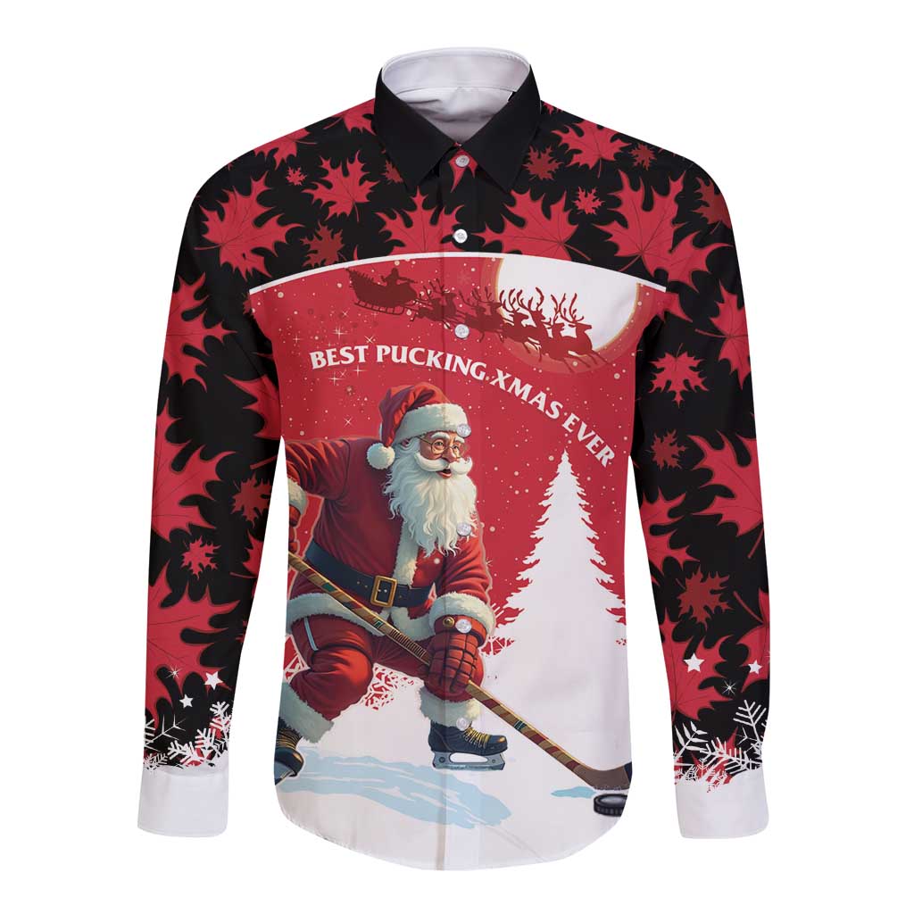 Christmas long-sleeve button shirt, Santa hockey player graphic on red maple leaf print