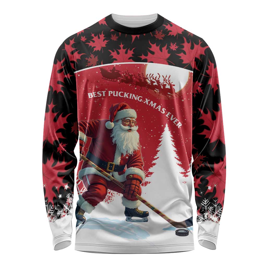 Personalized Canada Christmas Long Sleeve Shirt Santa Claus Hockey Player - Maple Leaves Pattern - Wonder Print Shop