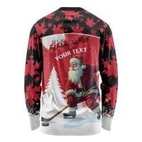 Red and black long sleeve shirt with Santa hockey player and “YOUR TEXT” back panel