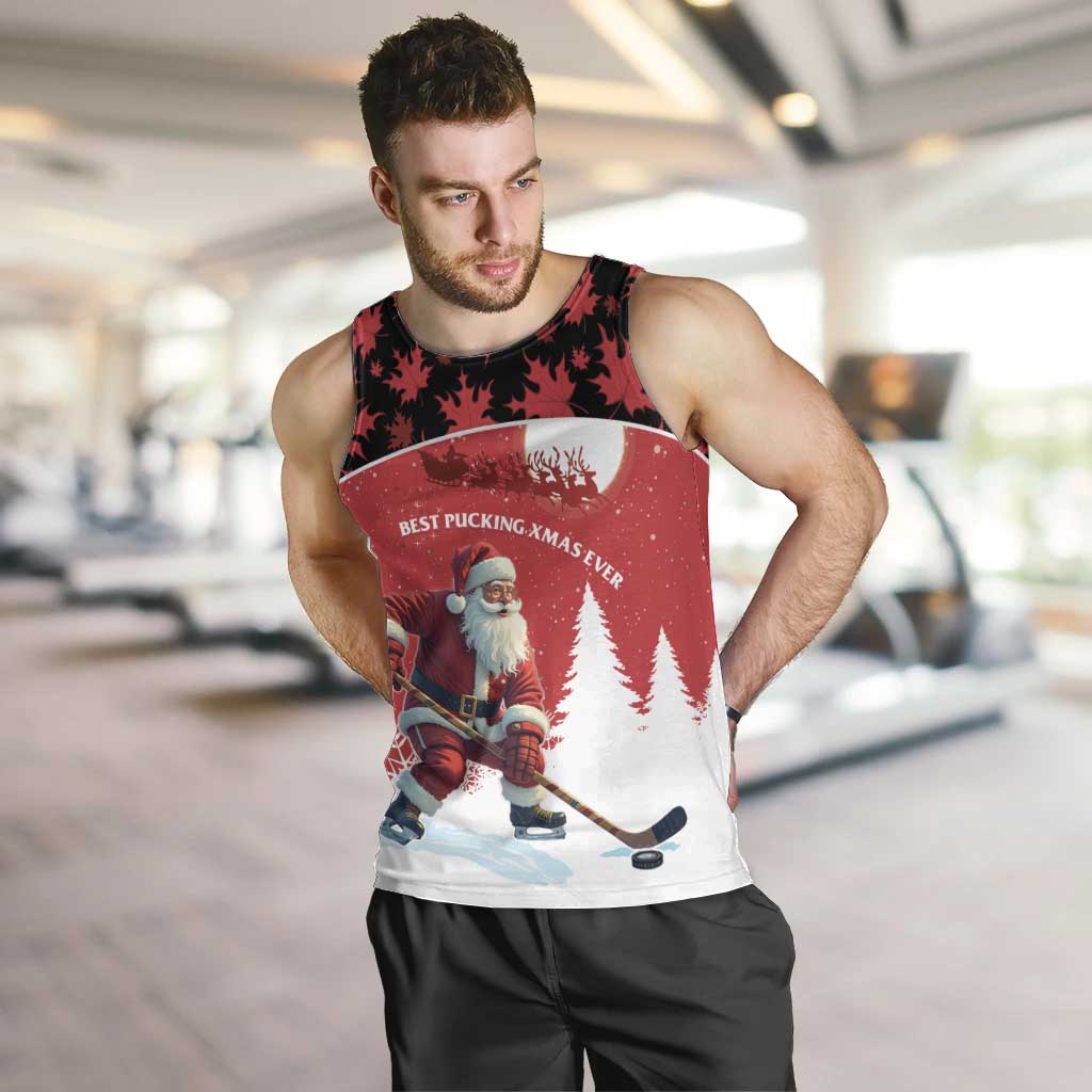 Personalized Canada Christmas Men Tank Top Santa Claus Hockey Player - Maple Leaves Pattern - Wonder Print Shop