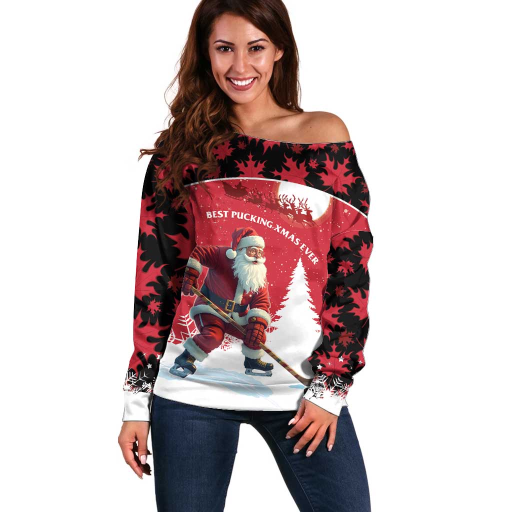 Personalized Canada Christmas Off Shoulder Sweater Santa Claus Hockey Player - Maple Leaves Pattern - Wonder Print Shop