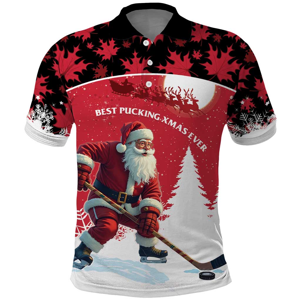 Personalized Canada Christmas Polo Shirt Santa Claus Hockey Player - Maple Leaves Pattern - Wonder Print Shop