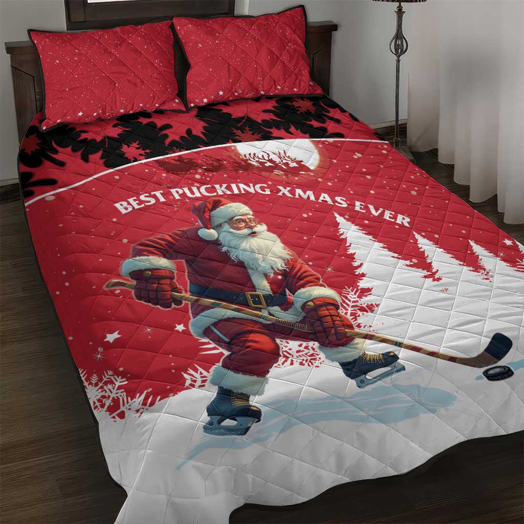 Canada Christmas Quilt Bed Set Santa Claus Hockey Player - Maple Leaves Pattern