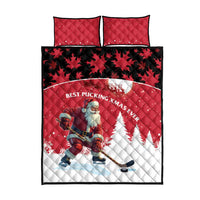 Red quilt bed set with two pillows, Santa hockey player, black leaf pattern, snowflakes