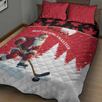Red and white quilt bed set with Santa hockey player, white maple leaf diagonal print