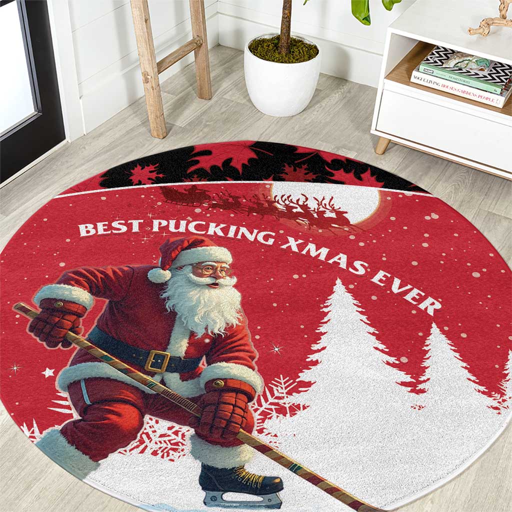 Red round Christmas carpet with Santa hockey player, pine trees, and 'Best Pucking Xmas Ever'
