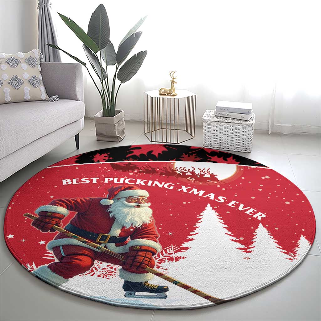 Red round Christmas carpet with Santa hockey player and pine tree scene, 'Best Pucking Xmas Ever'