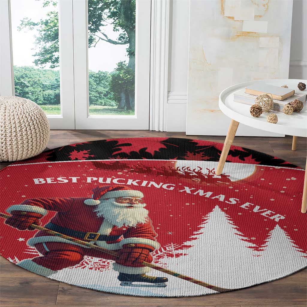 Red round Christmas carpet with Santa hockey player and pine trees, 'Best Pucking Xmas Ever'