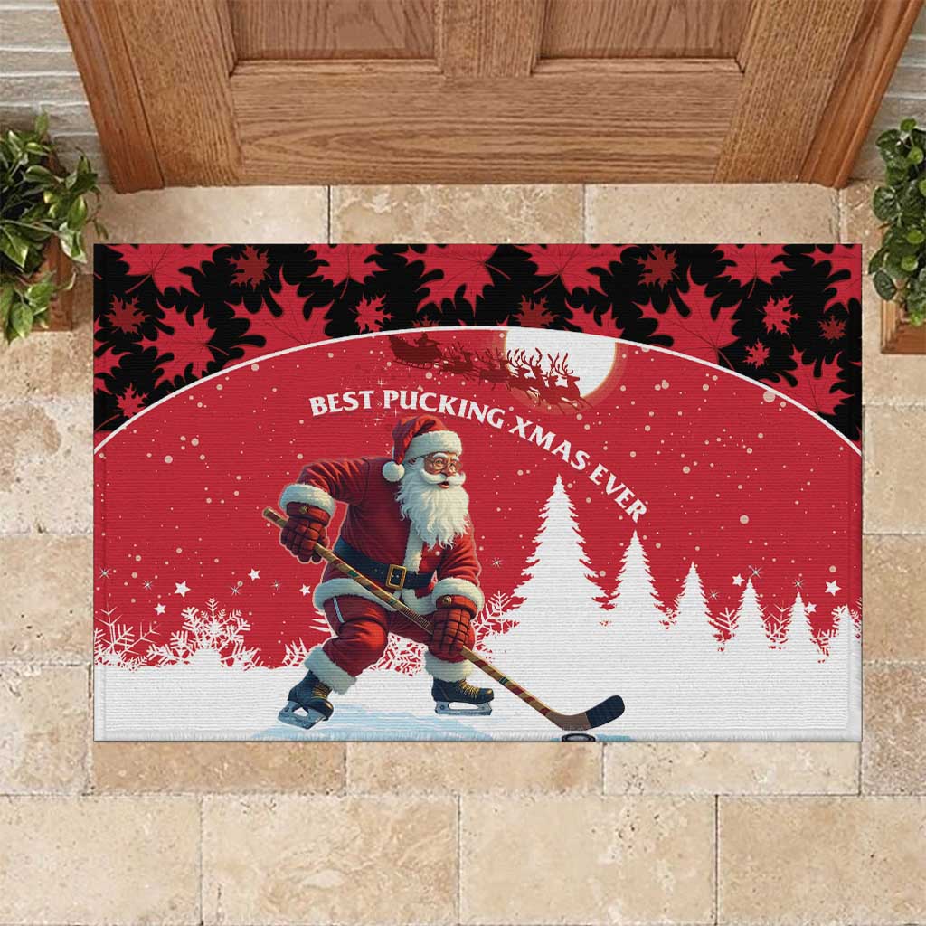 Canada Christmas Rubber Doormat Santa Claus Hockey Player - Maple Leaves Pattern