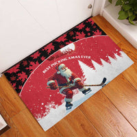 Red Christmas doormat featuring Santa hockey player, pine trees, and leaf pattern border