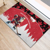 Red rubber doormat with Santa hockey player, pine trees, and dark leaf corner design