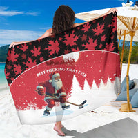 Red Santa hockey sarong with maple-leaf print and white snow stripe