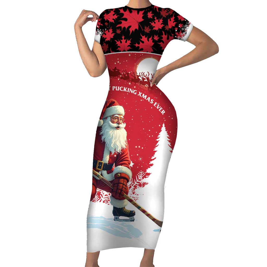 Personalized Canada Christmas Short Sleeve Bodycon Dress Santa Claus Hockey Player - Maple Leaves Pattern