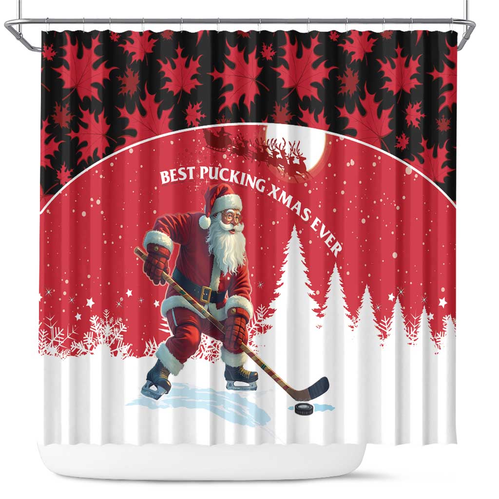 Canada Christmas Shower Curtain Santa Claus Hockey Player - Maple Leaves Pattern