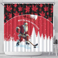 Red shower curtain featuring Santa hockey player, fir trees, and “Best Pucking Xmas Ever”