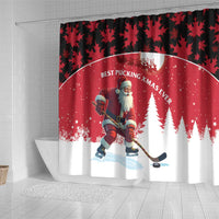 Red and white shower curtain with Santa hockey player and fir trees, with arched text