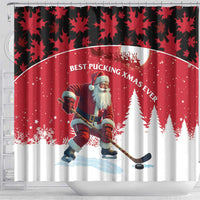 Red shower curtain with Santa hockey player, fir tree silhouettes, and top maple leaf pattern