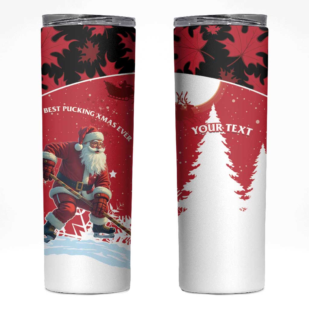 Personalized Canada Christmas Skinny Tumbler Santa Claus Hockey Player - Maple Leaves Pattern