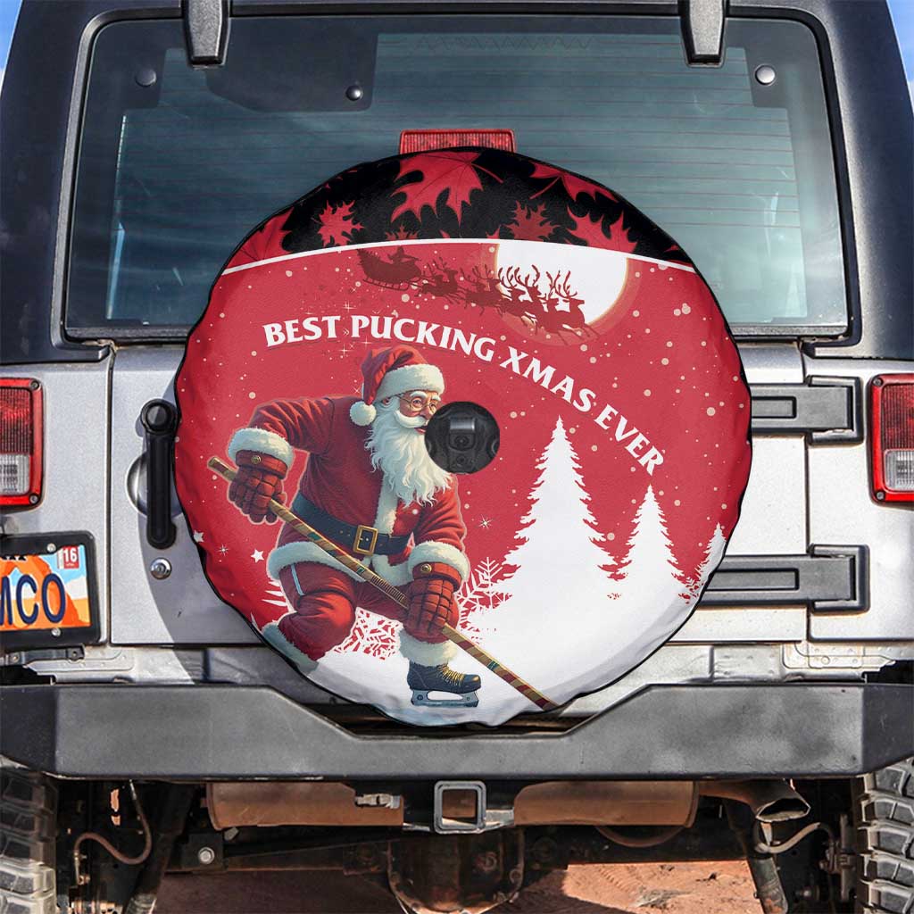 Canada Christmas Spare Tire Cover Santa Claus Hockey Player - Maple Leaves Pattern