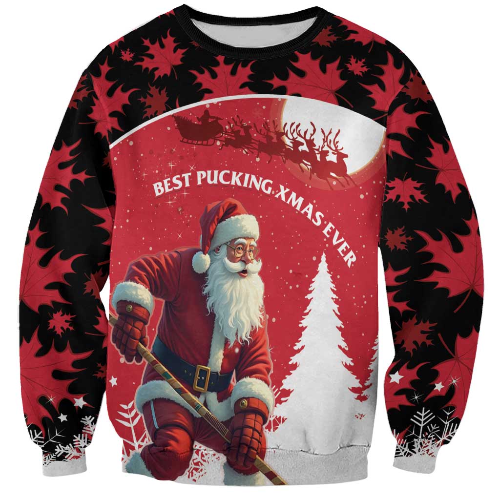 Personalized Canada Christmas Sweatshirt Santa Claus Hockey Player - Maple Leaves Pattern