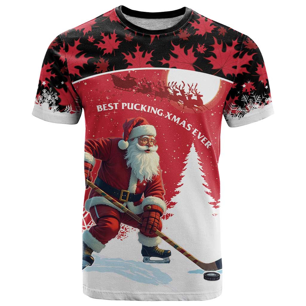 Personalized Canada Christmas T Shirt Santa Claus Hockey Player - Maple Leaves Pattern