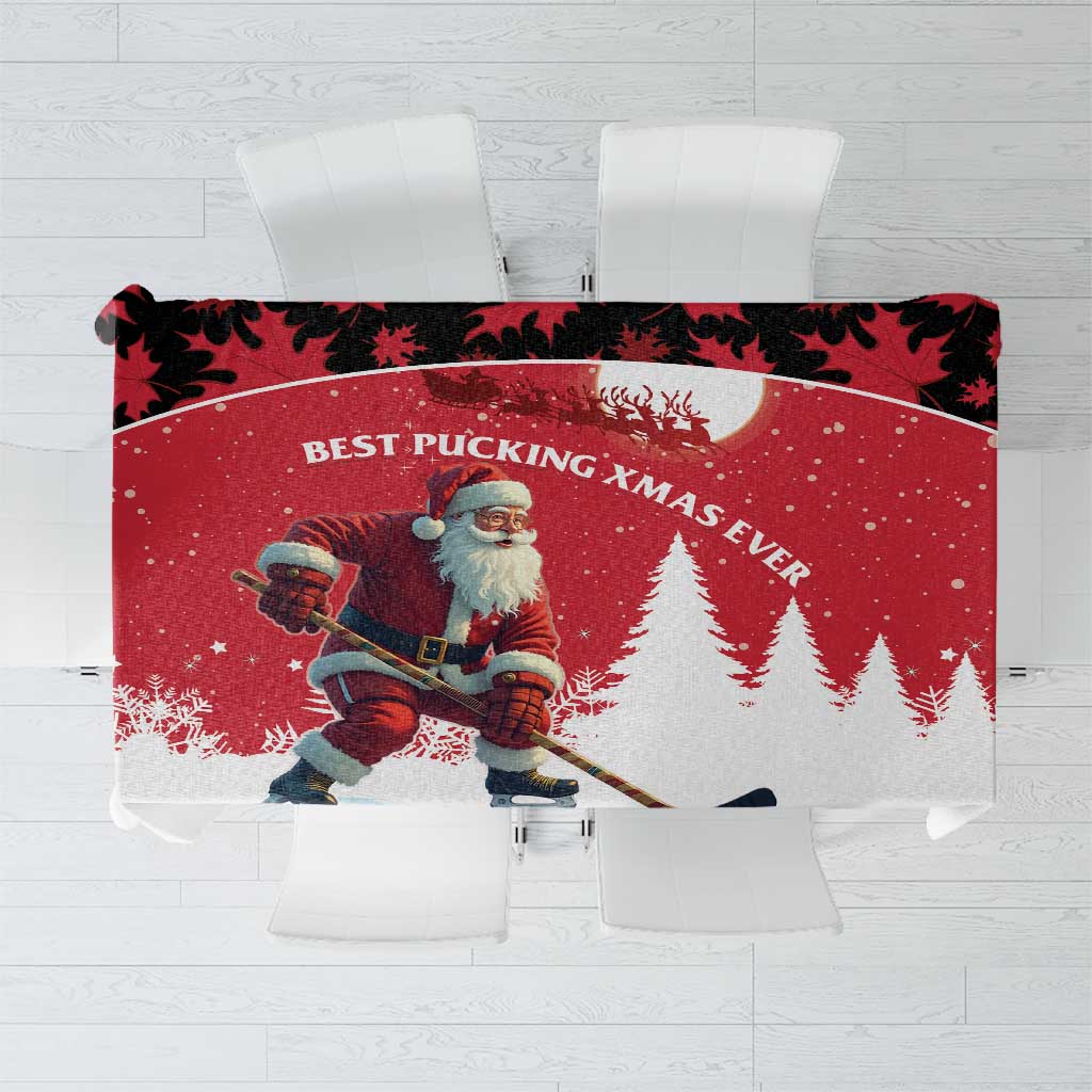 Red Christmas tablecloth with Santa hockey player and maple leaf pattern, folded view