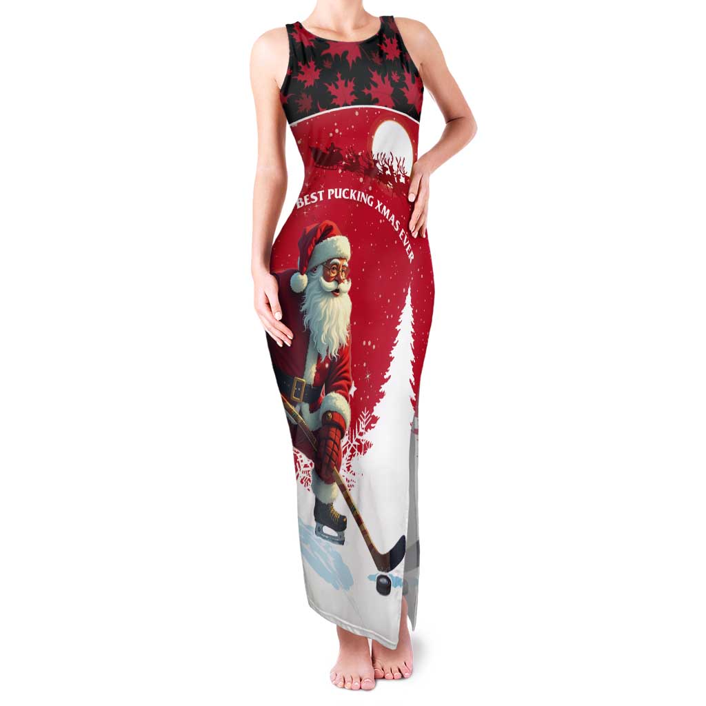 Personalized Canada Christmas Tank Maxi Dress Santa Claus Hockey Player - Maple Leaves Pattern