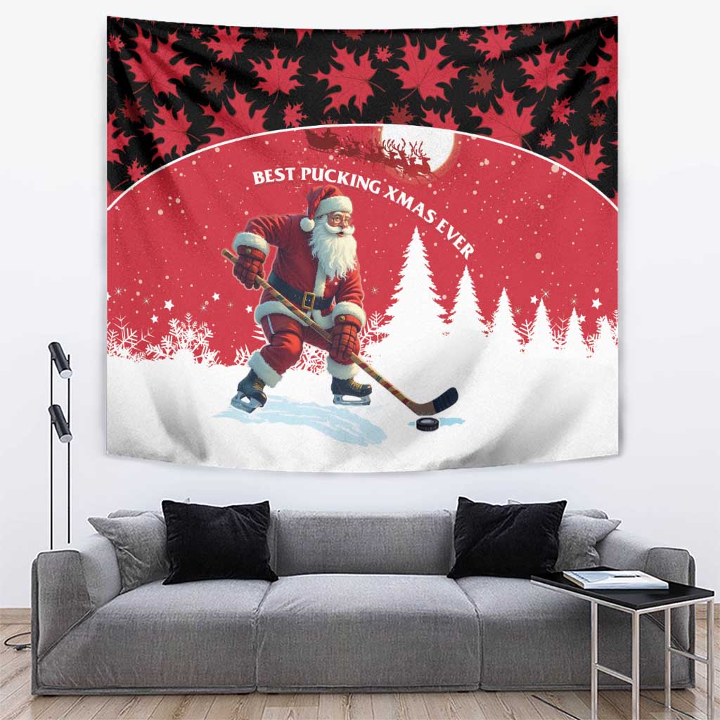 Red holiday wall tapestry with black leaf border, Santa playing hockey, snowy trees, “Best Pucking XMAS Ever.”