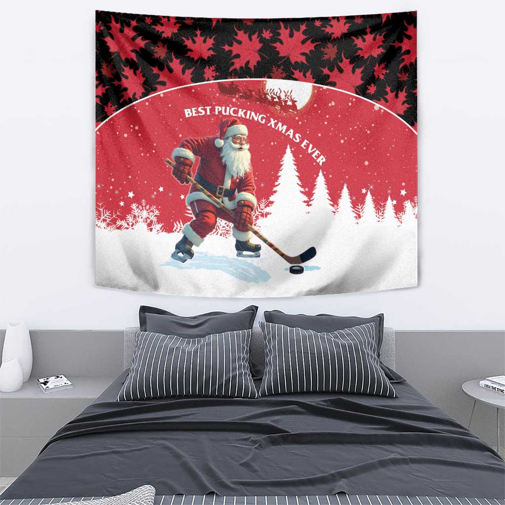 Red holiday wall tapestry featuring Santa playing hockey with a puck, snowy ground and pine trees.
