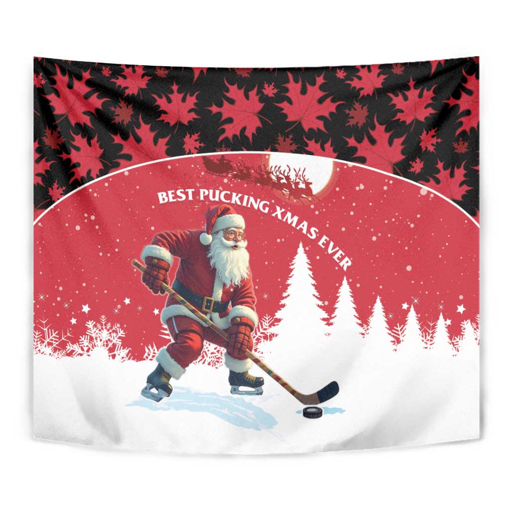 Close-up red holiday wall tapestry with Santa hockey on snow and pine trees, black leaf frame.