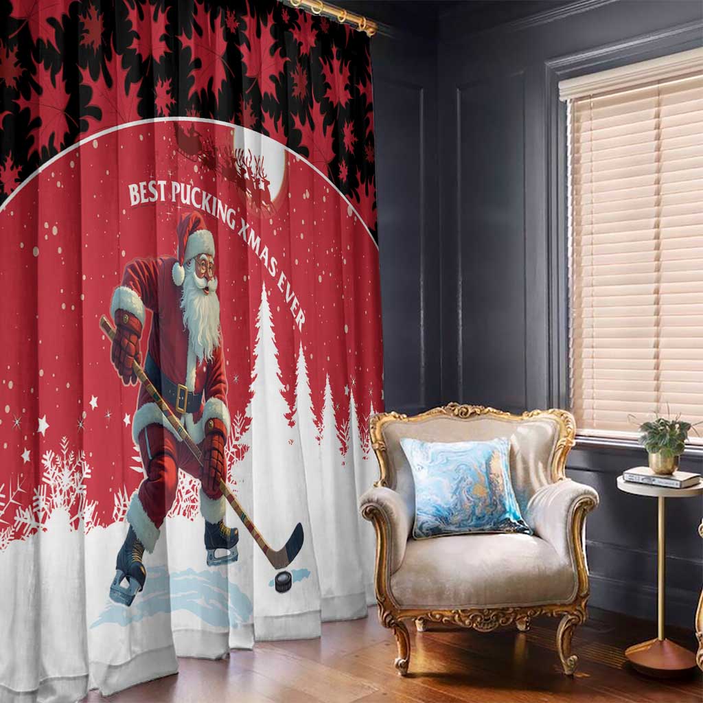 Red Christmas curtain panel with Santa hockey player and white tree scene, black maple top
