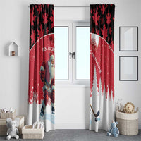 Christmas window curtain pair with Santa hockey player, pine trees, and black maple-leaf trim