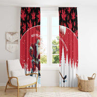 Red Christmas curtains with Santa hockey player art, white pines, and black maple-leaf top